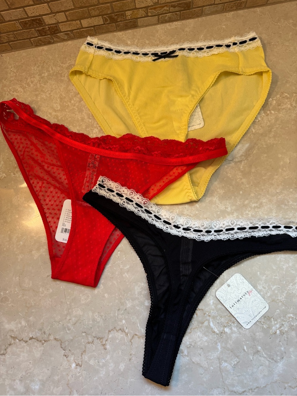 Free People 3-Pack Lacy Bikini & Thong Panties - Yellow, Red, Black